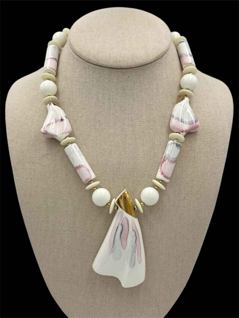 Japan Signed Vintage 70s 80s Ceramic Beaded Statement Necklace